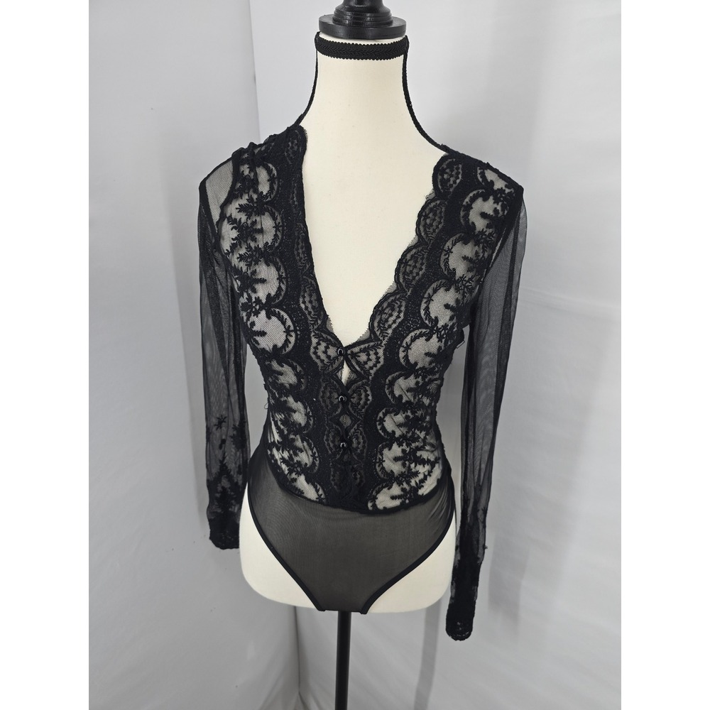 Windsor Black Sheer Mesh Floral Lace V-Neck Long Sleeve Bodysuit Small